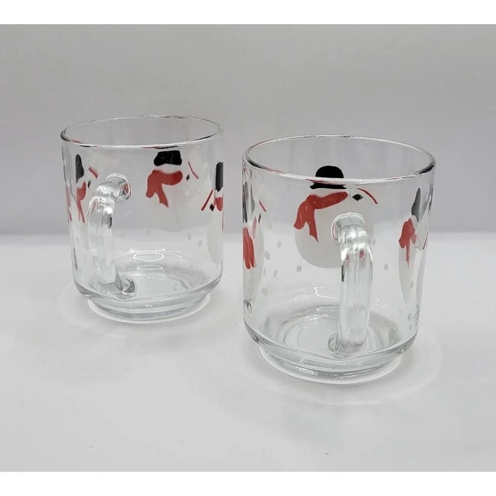 Pair Of 2 Crate & Barrel Luminarc Snowman Snowflakes 10 Oz Glass Coffee Tea Mugs
